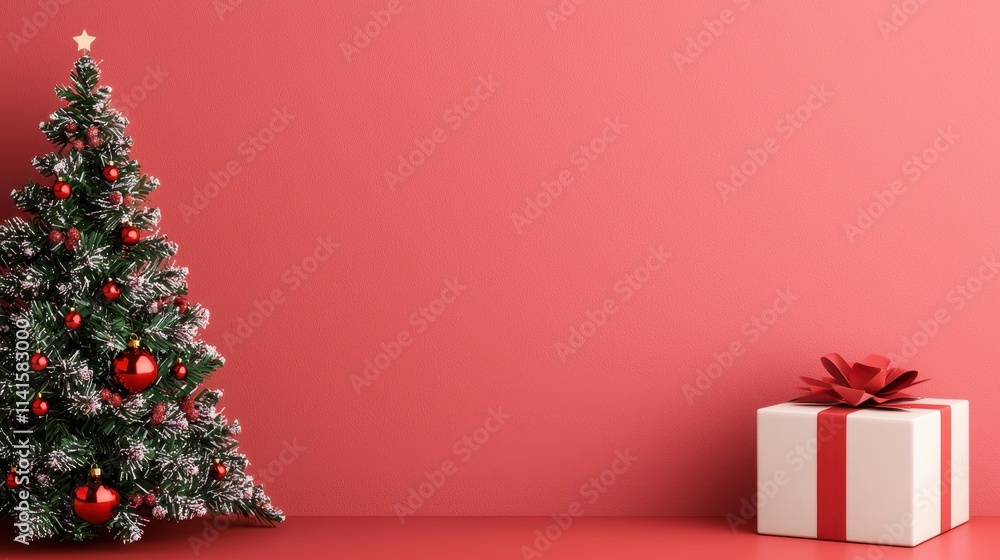 Christmas Tree and Gift on Red Background Christmas Tree and Gift on Red Background
