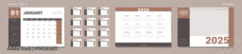 Set of Pages Monthly Calendar Planner Templates on 2025, and Annual calendar 2026, Cover. Vector layout Calendar Pages size A4-21x29.7cm for print. Week start Monday