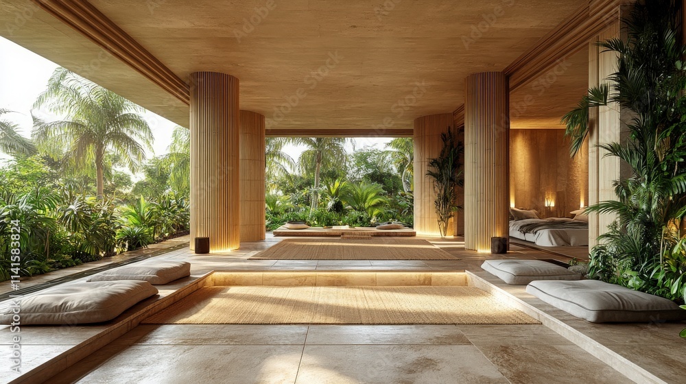 Obraz premium Modern Tranquil Interior with Natural Light and Lush Greenery in a Stylish Tropical Living Space for Serenity and Relaxation