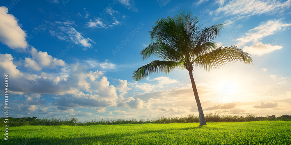 Obraz premium Palm Tree in a Sunny Field Under Blue Sky with Sunlight