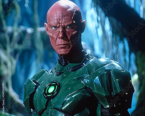 Bald redskinned alien superhero stands confidently an alien forest adorned green black suit green lantern emblem photo