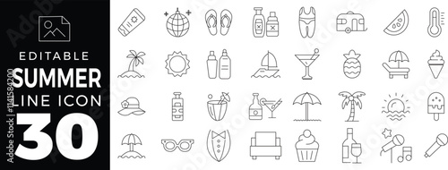 Summer set of web icons in line style. Summer vacation icons for web and mobile app. Travel, beach, tourism, summer holidays, hotel, relax, beach, luggage, passport, sunglasses. Vector illustration