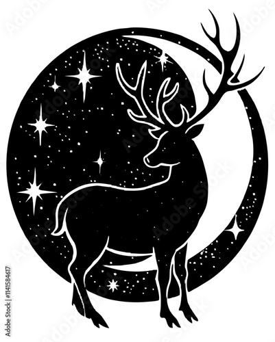 Majestic Deer Silhouette Under Moonlit Night Sky – Black and White Vector Illustration