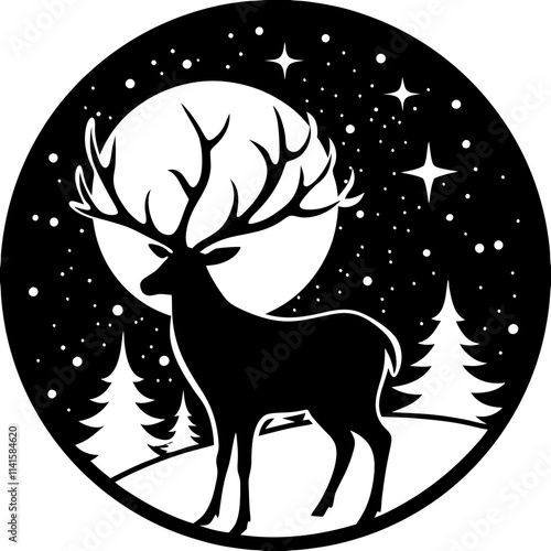 Majestic Deer Silhouette Under Moonlit Night Sky – Black and White Vector Illustration