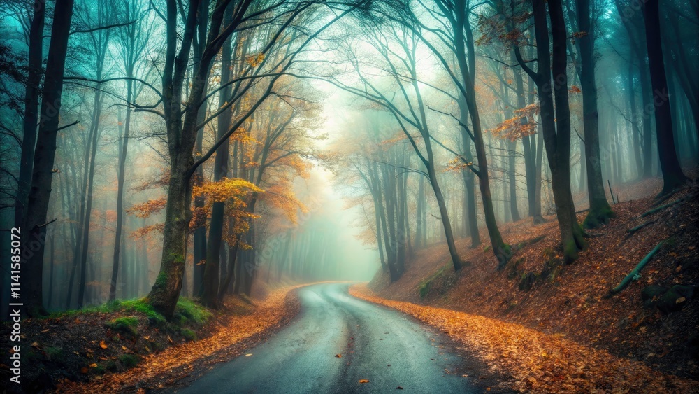 Obraz premium Spooky Dark Autumn Landscape with a Serene Road Through a Foggy Forest - Perfect for Halloween and Fall Themes