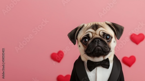 Pug in a Tuxedo Celebrates Valentine’s Day Studio Setting Pet Photography Cute Environment photo