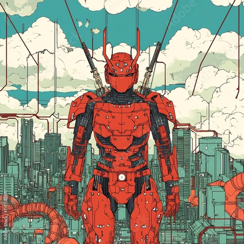 Red Mech Robot Defending Futuristic Cityscape with Explosions in the Sky photo