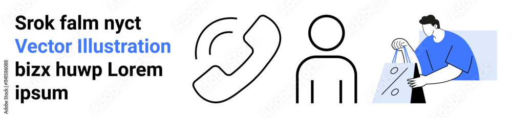 Phone icon, user profile icon, and graphic of a man carrying shopping bags. Ideal for customer support, communication, user identity, online shopping, retail, business services contact us pages Phone icon, user profile icon, and graphic of a man carrying shopping bags. Ideal for customer support, communication, user identity, online shopping, retail, business services contact us pages