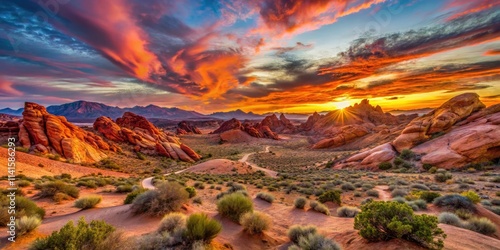 Stunning Landscape of Valley of Fire State Park at Sunset with Dramatic Red Rock Formations and Clear Blue Skies, Perfect for Nature Lovers and Adventurers