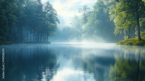 Wallpaper Mural Misty morning, serene lake, reflecting trees. Torontodigital.ca