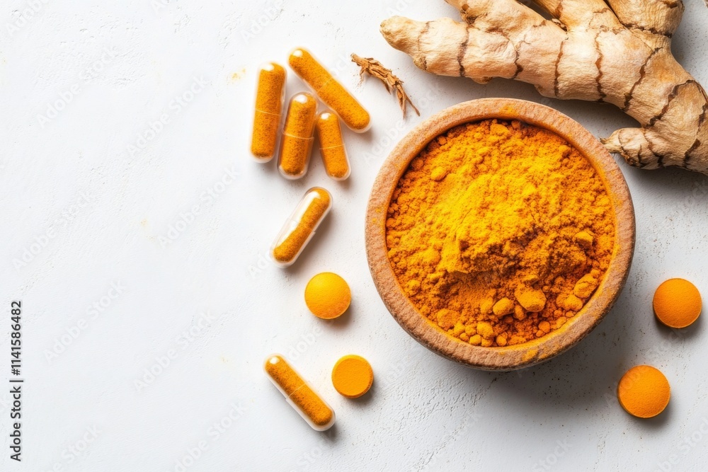 Turmeric extract in capsule, turmeric powder and turmeric rhizome on white background , Generative AI Turmeric extract in capsule, turmeric powder and turmeric rhizome on white background , Generative AI