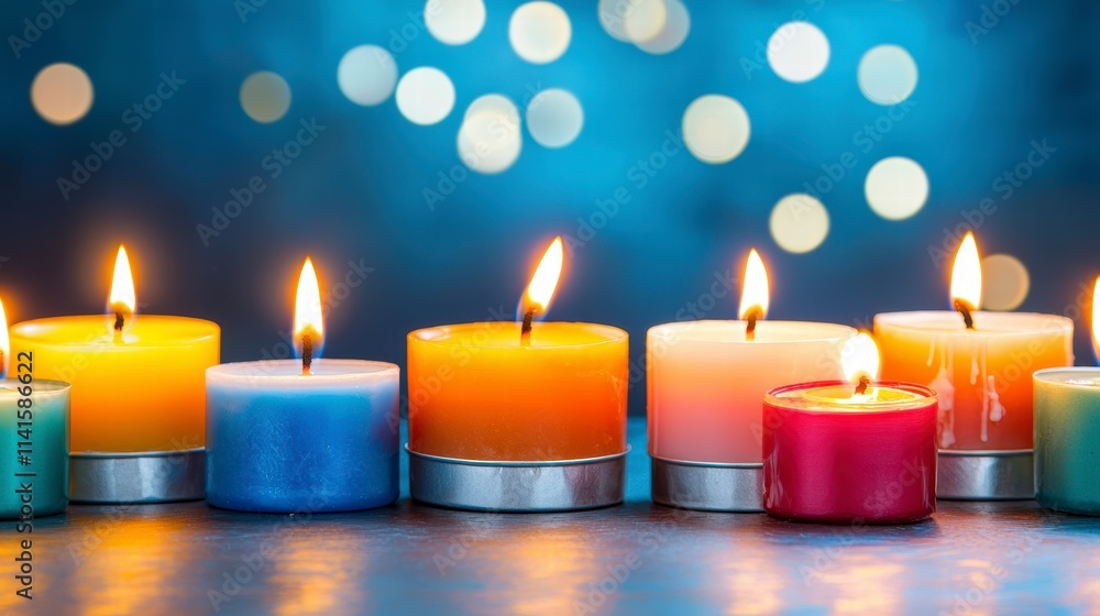 Colorful Burning Candles on Blue Background with Bokeh Lights Colorful Burning Candles on Blue Background with Bokeh Lights