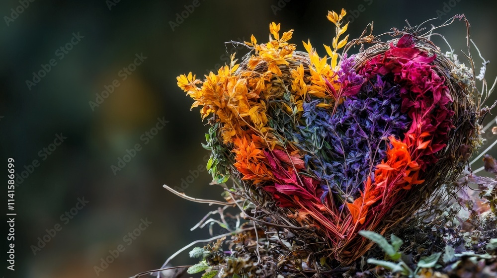Fading dried herbs arranged in heart shape nature artistic composition outdoor close-up love and beauty concept Fading dried herbs arranged in heart shape nature artistic composition outdoor close-up love and beauty concept