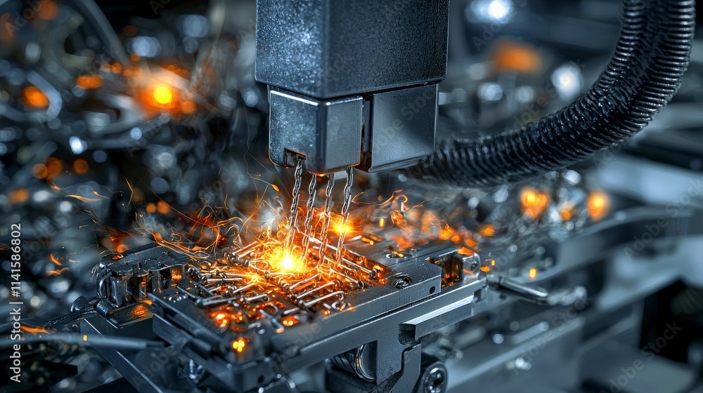 Industrial stapler ejecting glowing staples in high-tech machinery closeup view technology concept Industrial stapler ejecting glowing staples in high-tech machinery closeup view technology concept