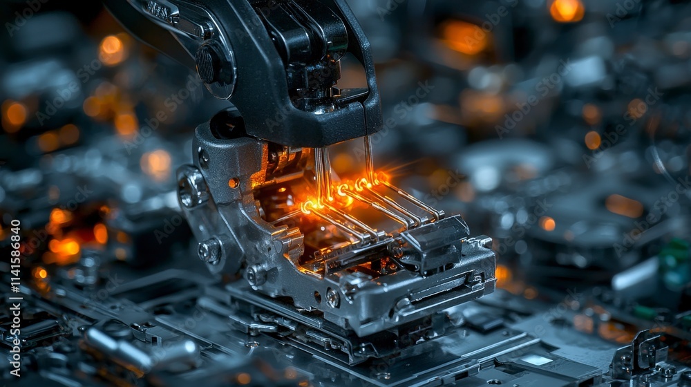 Futuristic stapler mechanism ejecting glowing staples tech industry closeup shot high-tech environment Futuristic stapler mechanism ejecting glowing staples tech industry closeup shot high-tech environment