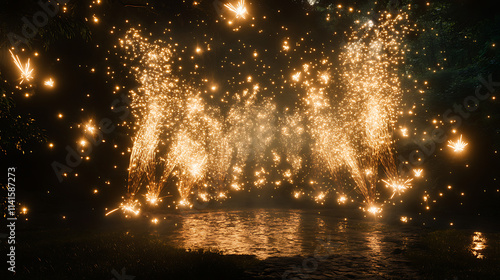 Wallpaper Mural Golden Sparkles: Abstract, magical and mysterious, this image captures the essence of shimmering golden sparks dancing in the night. The sparks create a dynamic and enchanting pattern. Torontodigital.ca