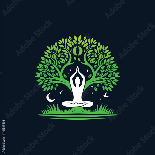 Colorful yoga tree pose silhouette vector logo illustration