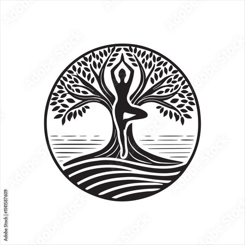 yoga tree pose silhouette vector logo illustration