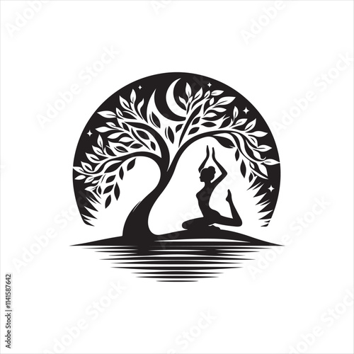 yoga tree pose silhouette vector logo illustration