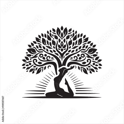 yoga tree pose silhouette vector logo illustration