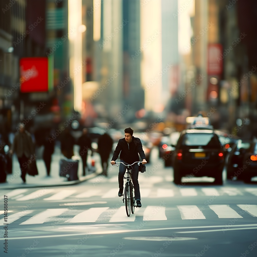 A photo of a young professional commuting on a bicycle through a busy urban environment. A photo of a young professional commuting on a bicycle through a busy urban environment.