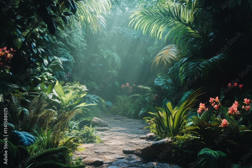 Fototapeta premium Mystic Jungle Path: A Digital Painting of a Sunlit Trail. Digital Backdrop.