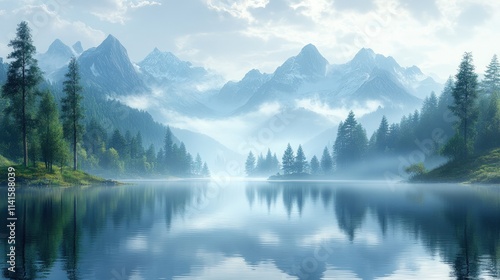 Misty mountain lake reflecting trees and peaks.