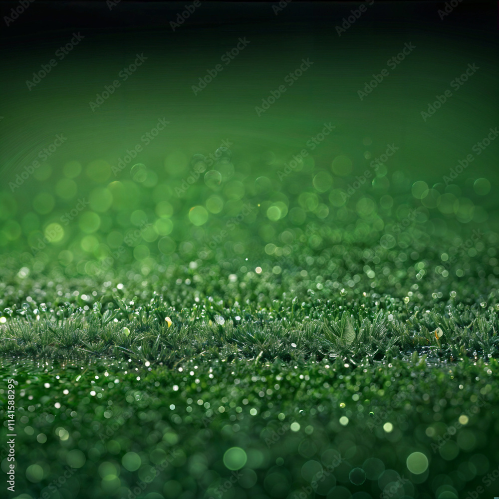 The image shows a close-up view of a green, grassy surface with a gradient background transitioning from dark green to light green, and small, shiny water droplets scattered across the grass. The image shows a close-up view of a green, grassy surface with a gradient background transitioning from dark green to light green, and small, shiny water droplets scattered across the grass.