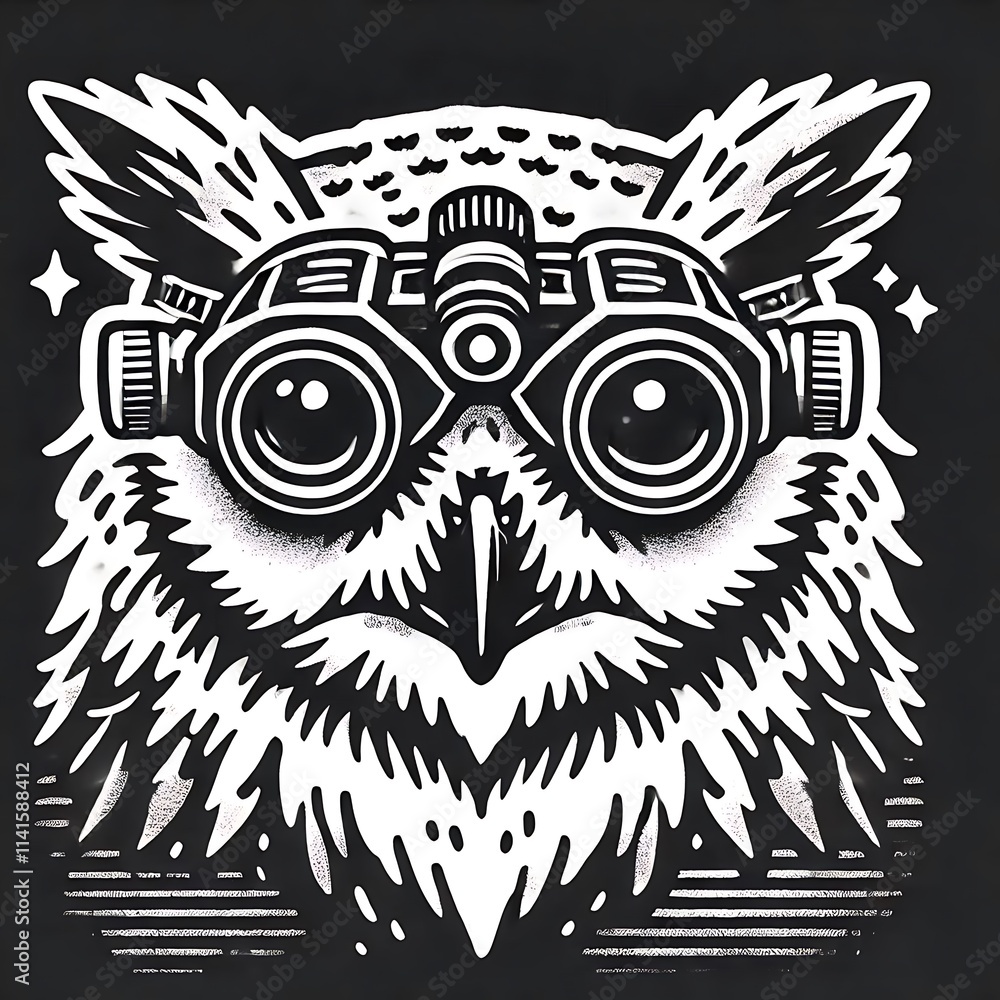 An owl wearing night vision goggles in a graphic design. An owl wearing night vision goggles in a graphic design.