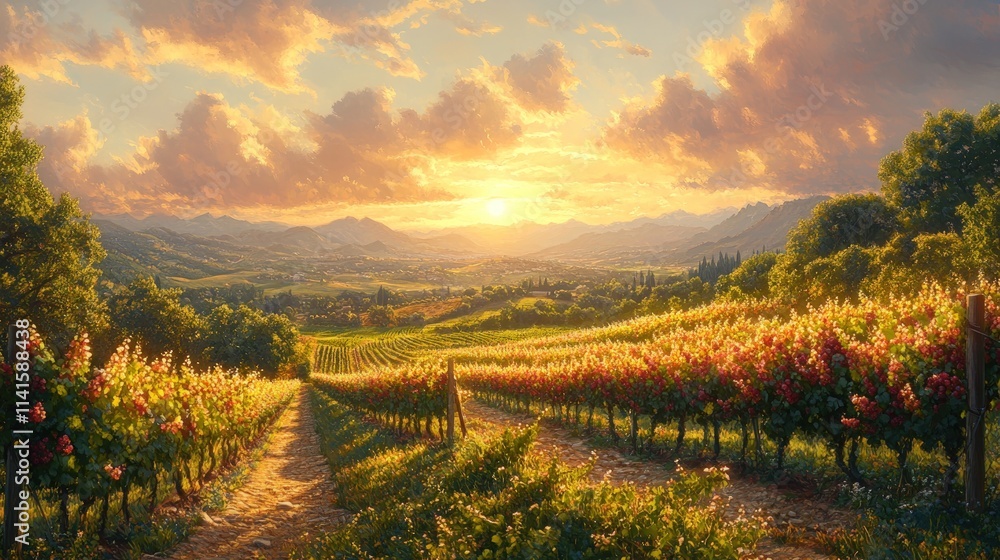 Naklejka premium Sunset vineyard path, idyllic landscape, golden hour.