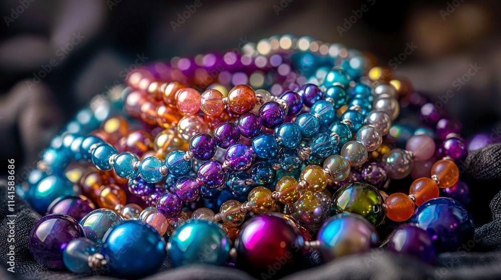 Shimmering iridescent beads displayed elegantly close-up jewelry photography artistic setting macro emotive beauty Shimmering iridescent beads displayed elegantly close-up jewelry photography artistic setting macro emotive beauty