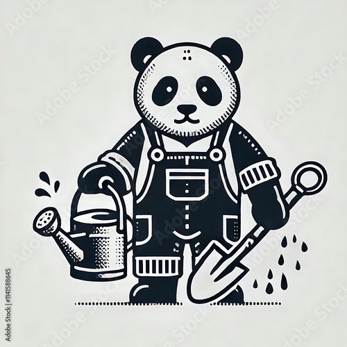 A panda in overalls holding a watering can and shovel. photo