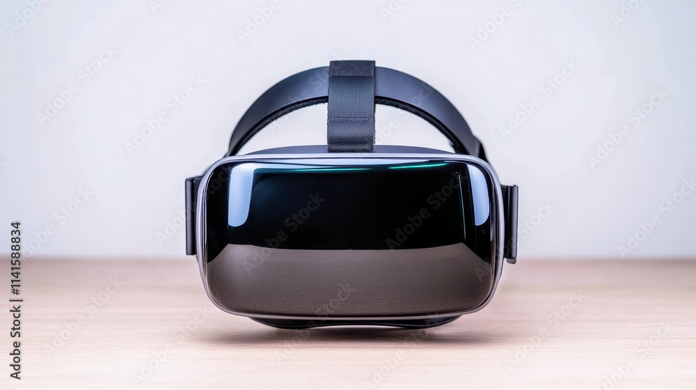 A sleek virtual reality headset on a wooden surface, showcasing modern technology and design for immersive experiences. A sleek virtual reality headset on a wooden surface, showcasing modern technology and design for immersive experiences.