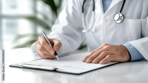 A doctor is writing medical notes on a clipboard, sitting at a table in a bright, clean medical room