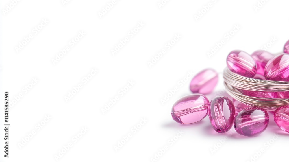 A collection of vibrant pink beads and silver rings, beautifully arranged, ideal for jewelry design or crafting inspiration. A collection of vibrant pink beads and silver rings, beautifully arranged, ideal for jewelry design or crafting inspiration.
