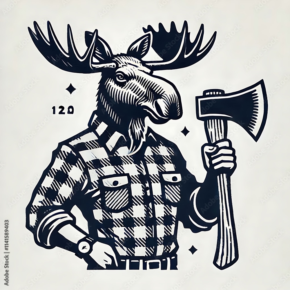 Fototapeta premium Moose character holding an axe in plaid shirt.