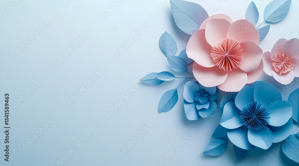 Beautiful pastel blue and pink paper flowers on a white background Beautiful pastel blue and pink paper flowers on a white background