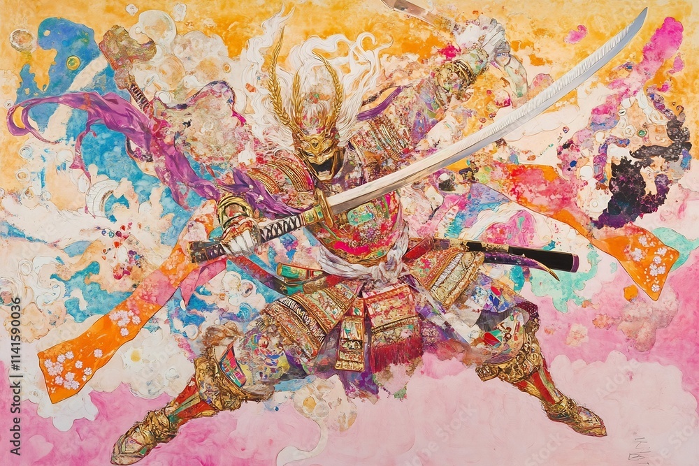 Fierce Samurai Warrior Wielding Sword in Chaotic Digital Painting Fierce Samurai Warrior Wielding Sword in Chaotic Digital Painting