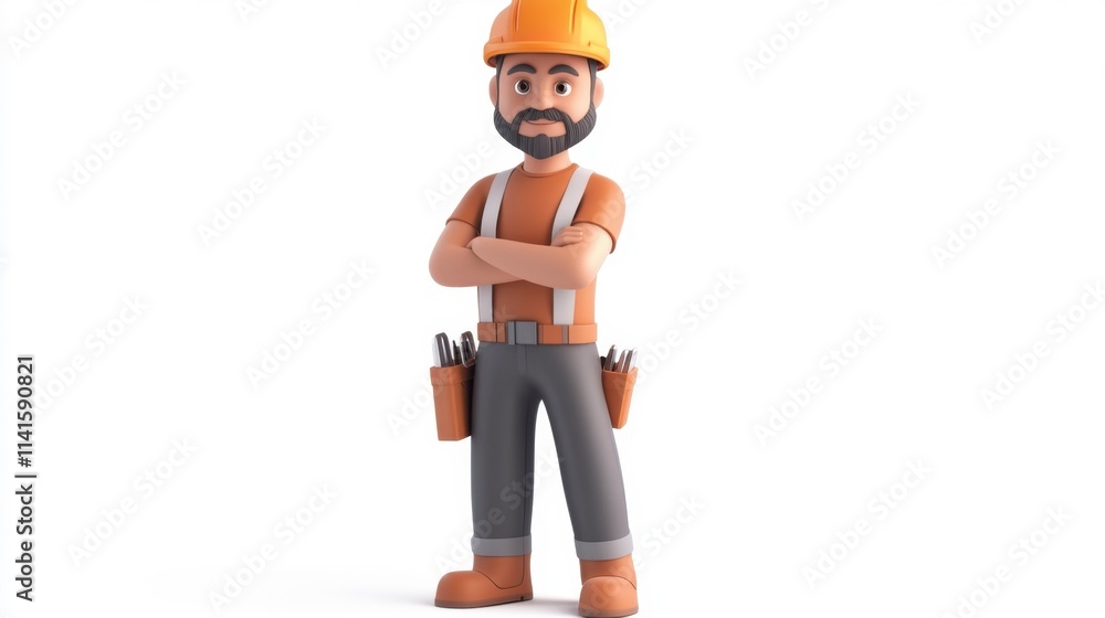 Smiling Cartoon Construction Worker, Arms Crossed, White Background Smiling Cartoon Construction Worker, Arms Crossed, White Background