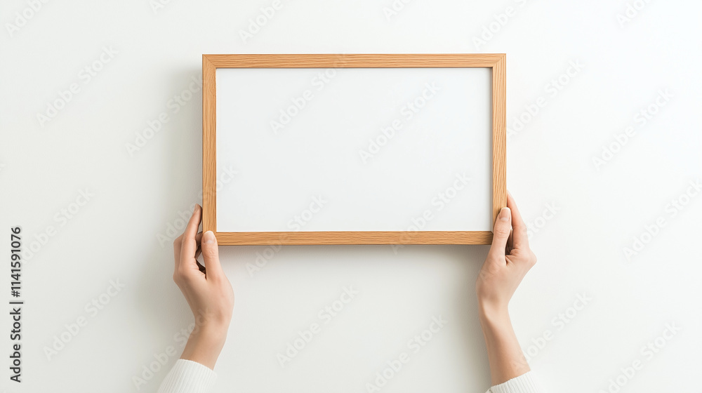 Hands holding a blank wooden frame against a white background. Hands holding a blank wooden frame against a white background.