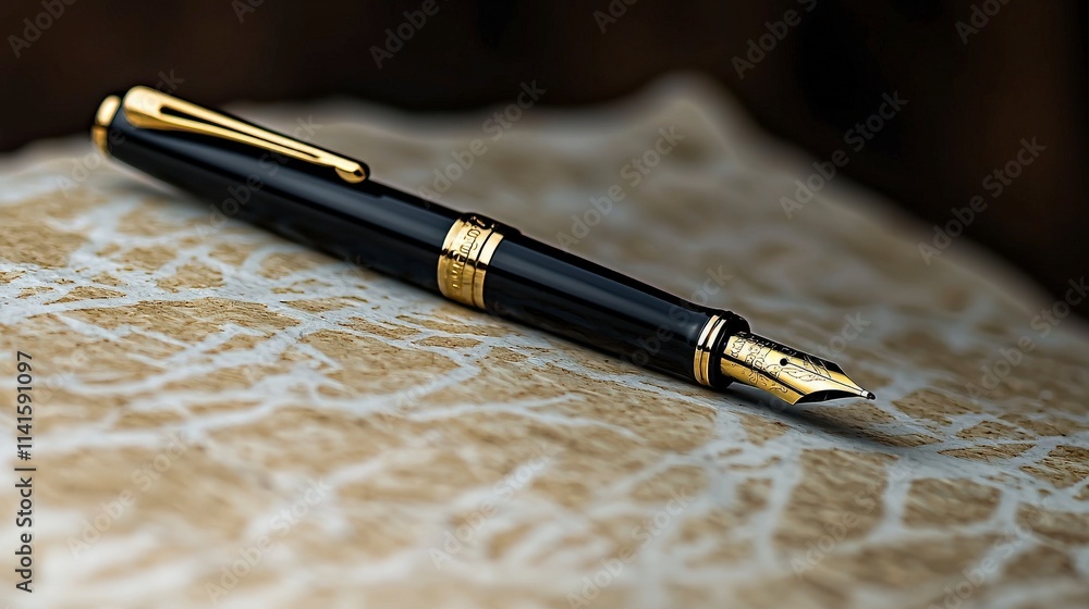 Elegant pen on parchment artistic workspace still life intimate close-up classic writing concept Elegant pen on parchment artistic workspace still life intimate close-up classic writing concept