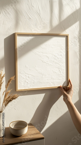Hand holding a wooden frame against a textured wall with sunlight and shadows.
