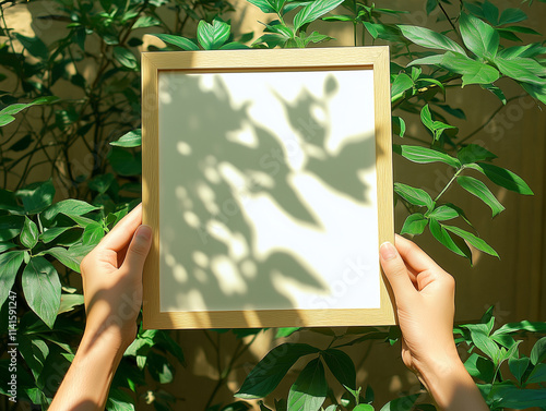 Hands holding a wooden frame with leaf shadows on a white background.