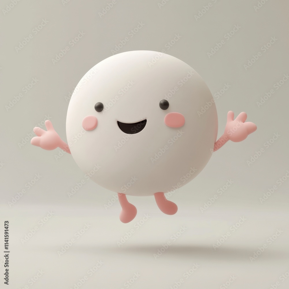 Happy White Circle Character Floating, Joyful 3D Render Happy White Circle Character Floating, Joyful 3D Render