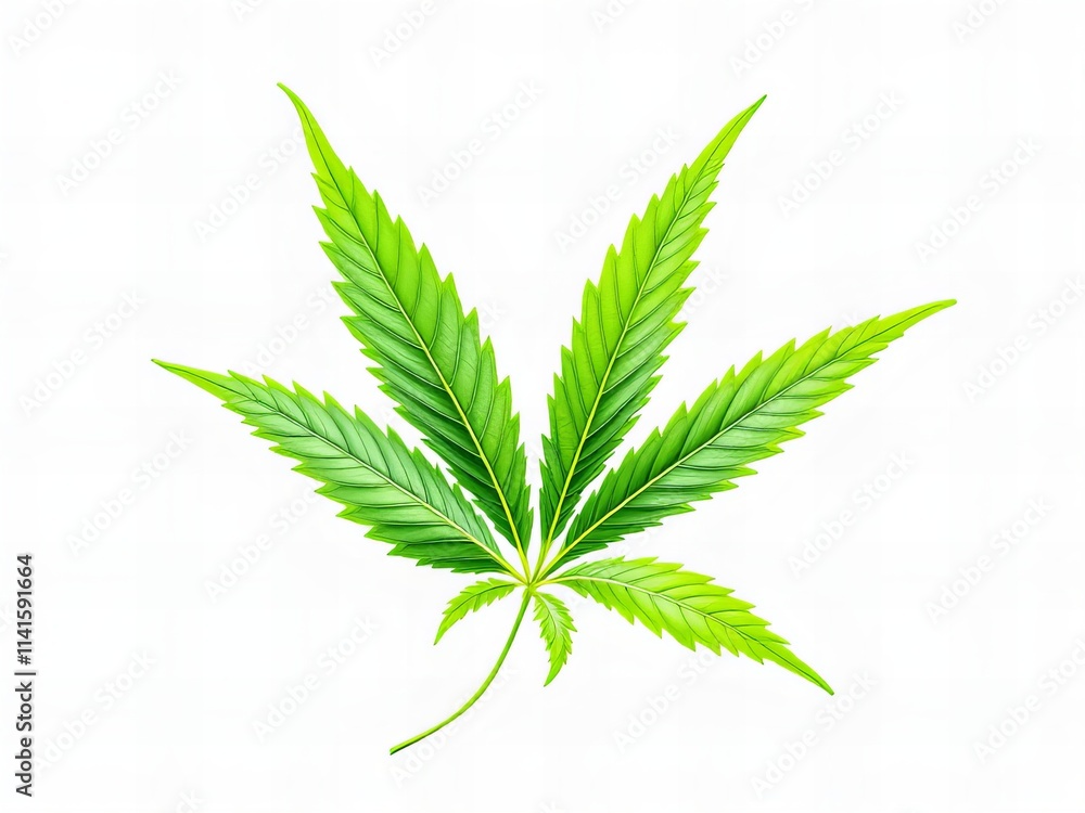 Bright Green Cannabis Leaf on White Background, Natural Hemp Plant Symbol for Medicine, Wellness, CBD, and Alternative Health Concepts