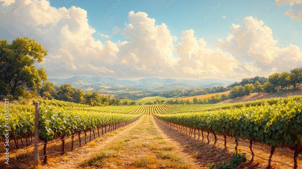 Fototapeta premium Sunlit vineyard path, rolling hills, idyllic landscape.