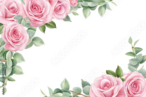Watercolor pink roses and green eucalyptus corner border isolated on white background PNG.AI GENERATED