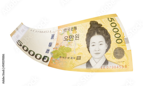 Obraz na plátne 50000 South Korean won banknotes falling  isolated on white background, with cli