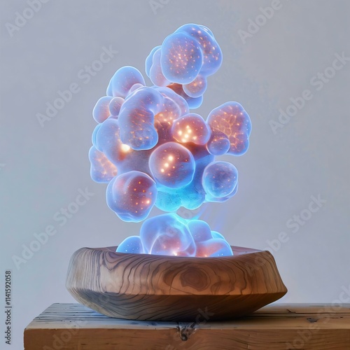 Cluster bioluminescent spheres intricate beehive patterns set against white background rests wooden pot exuding tranquility natural elegance photo