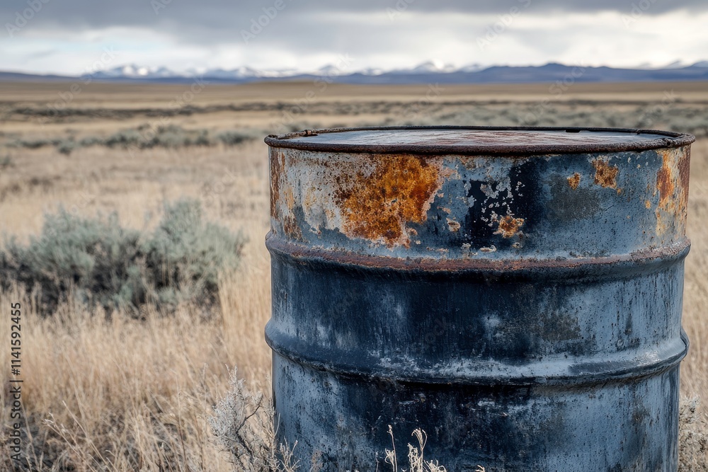 Rusty metal barrel in a rugged outdoor landscape with mountains in the background, surrounded by dry grass and shrubs under a cloudy sky Rusty metal barrel in a rugged outdoor landscape with mountains in the background, surrounded by dry grass and shrubs under a cloudy sky